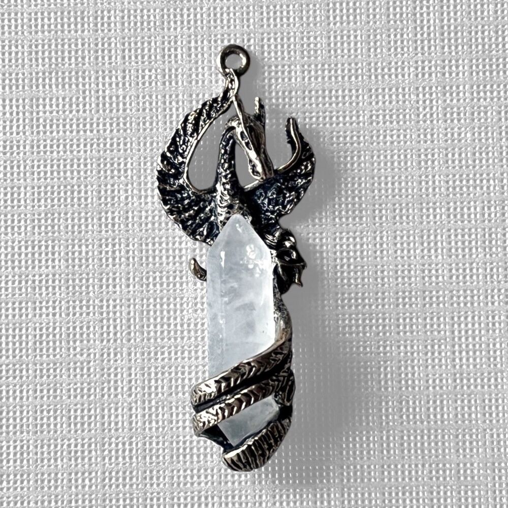 Dragon Quartz Crystal Pendant Medieval Fantasy Magic Silver Tone Unisex Men
